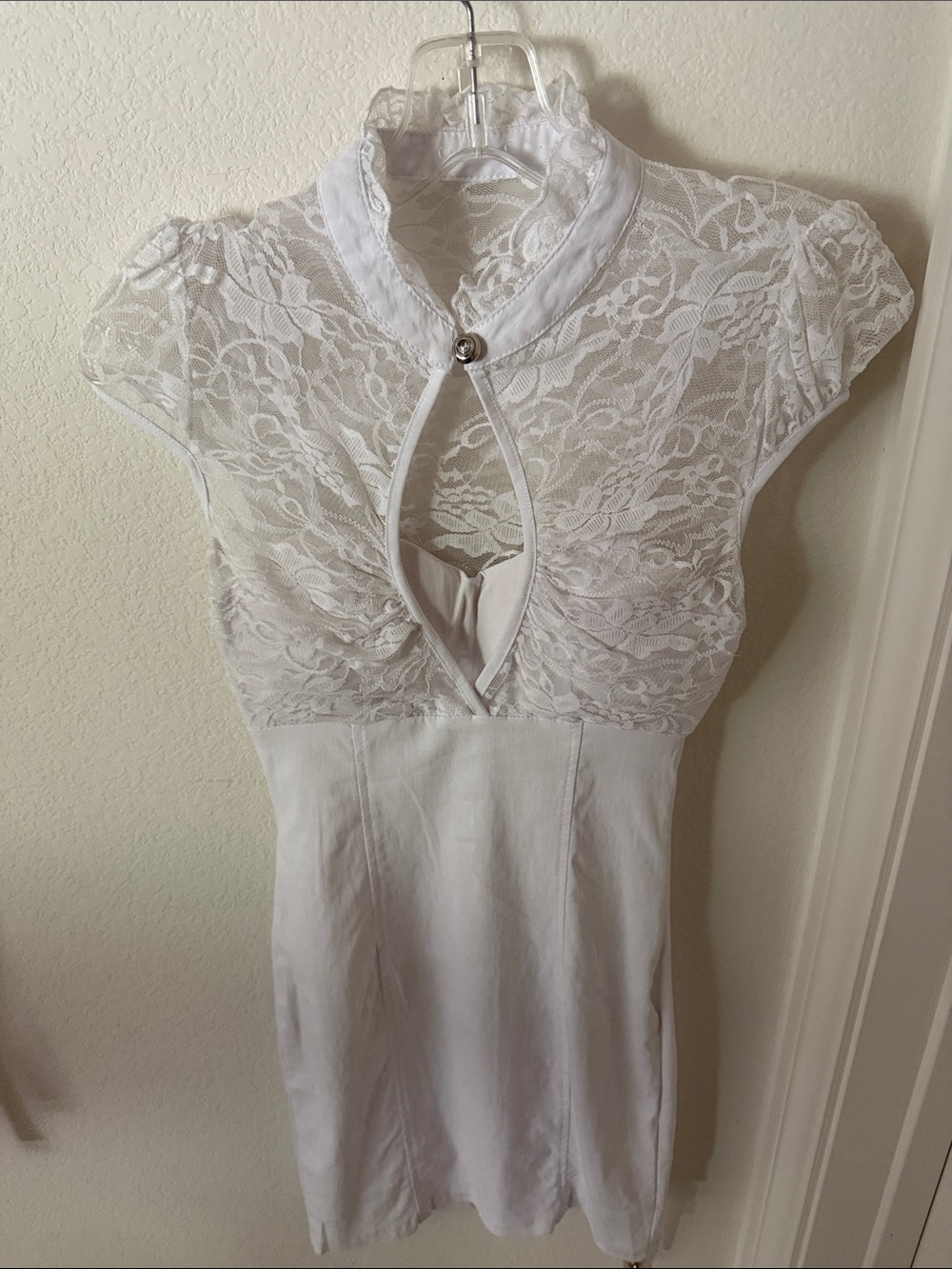 White Lace Cap-Sleeve Mini Dress with Keyhole Front